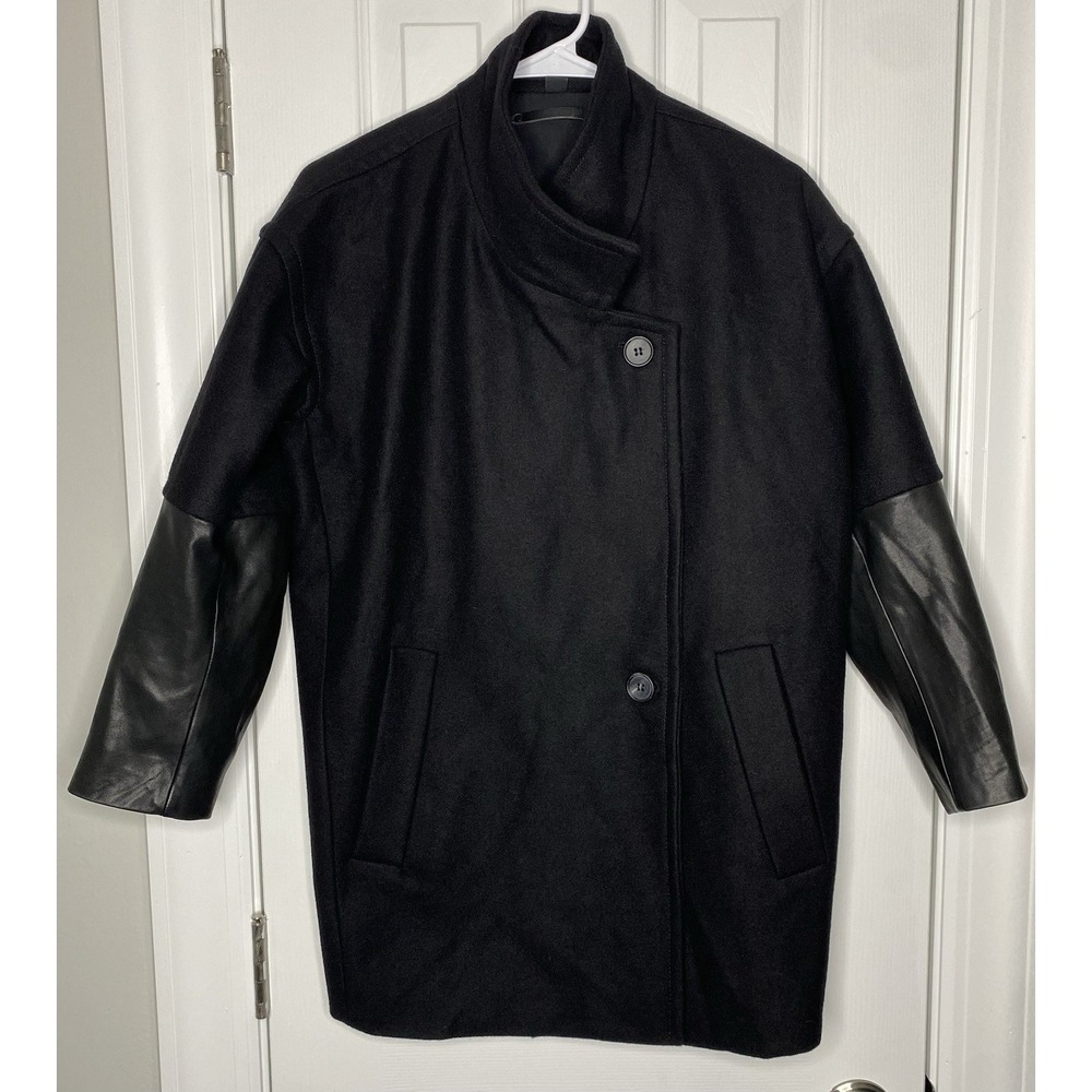 AllSaints Black Wool Coat with Leather Sleeve Panels